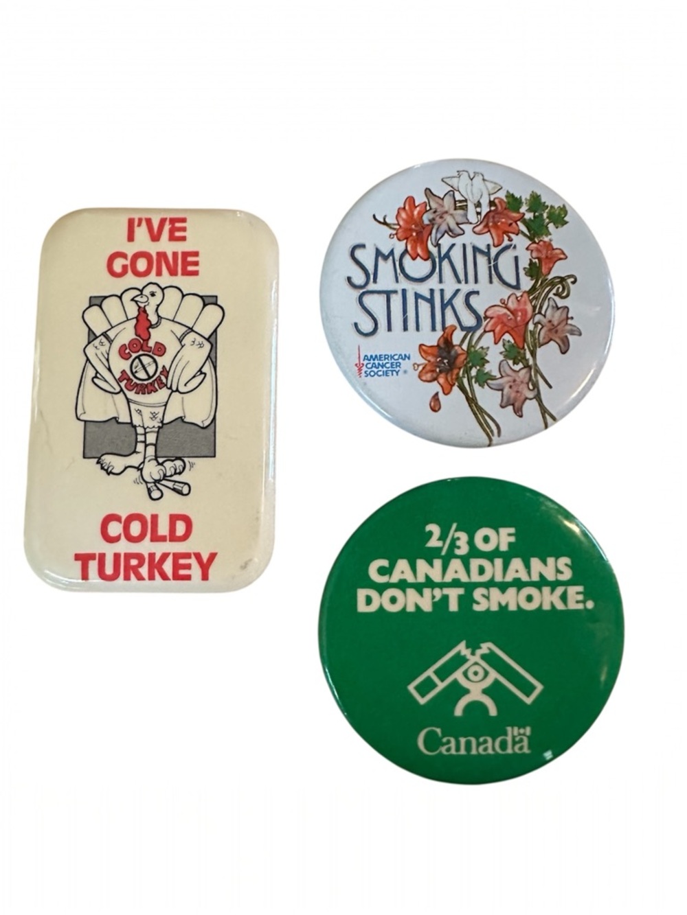 Vintage Anti-Smoking Pin Back Buttons Set of 3 Cold Turkey Smoking Stinks